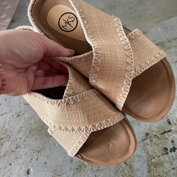 Nina 4 Embroidered Crisscross Flatform – Artisan Slide Sandal in Nude Raffia Sz7 - Picture 4 of 7